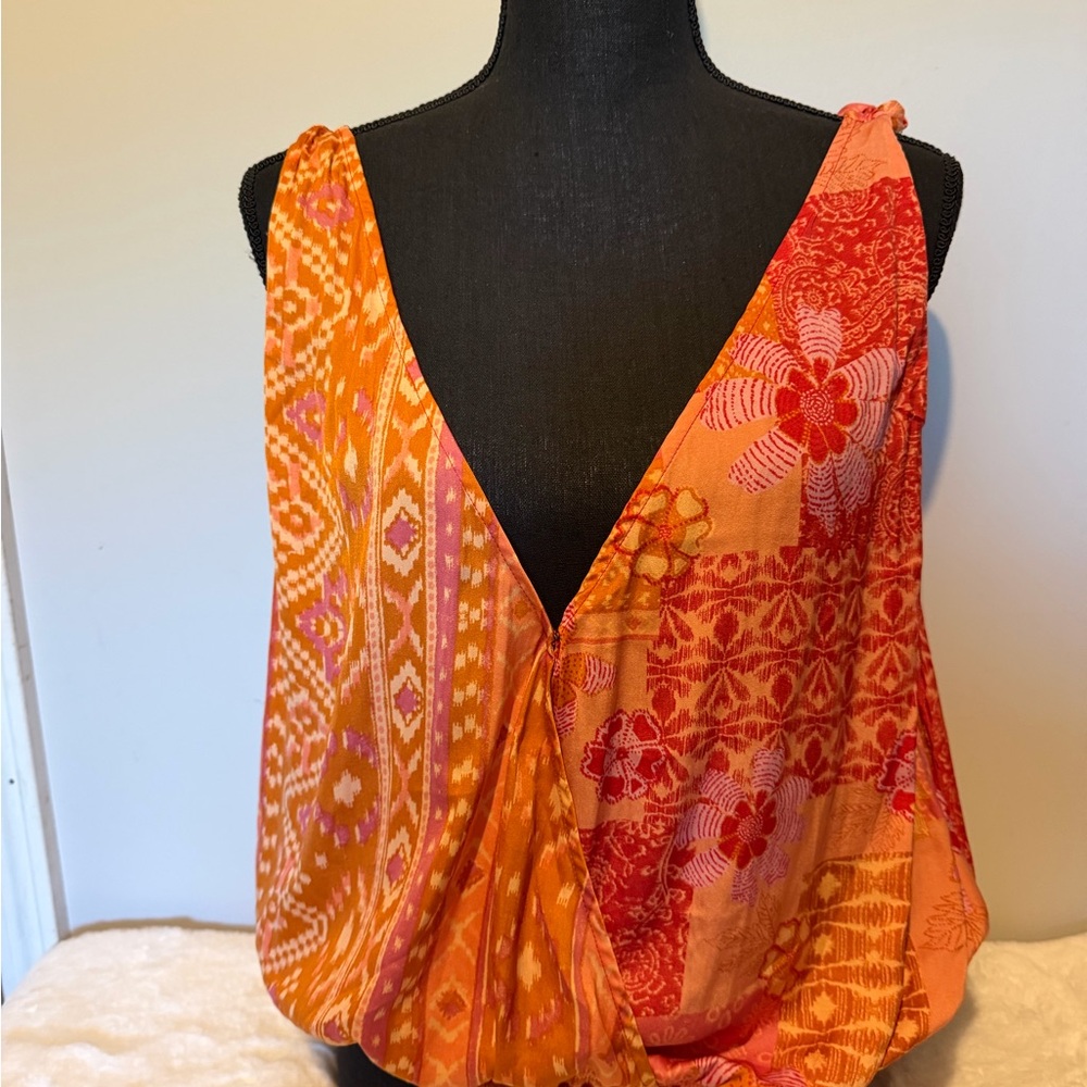Free People Orange & Coral Printed Wrap Cami